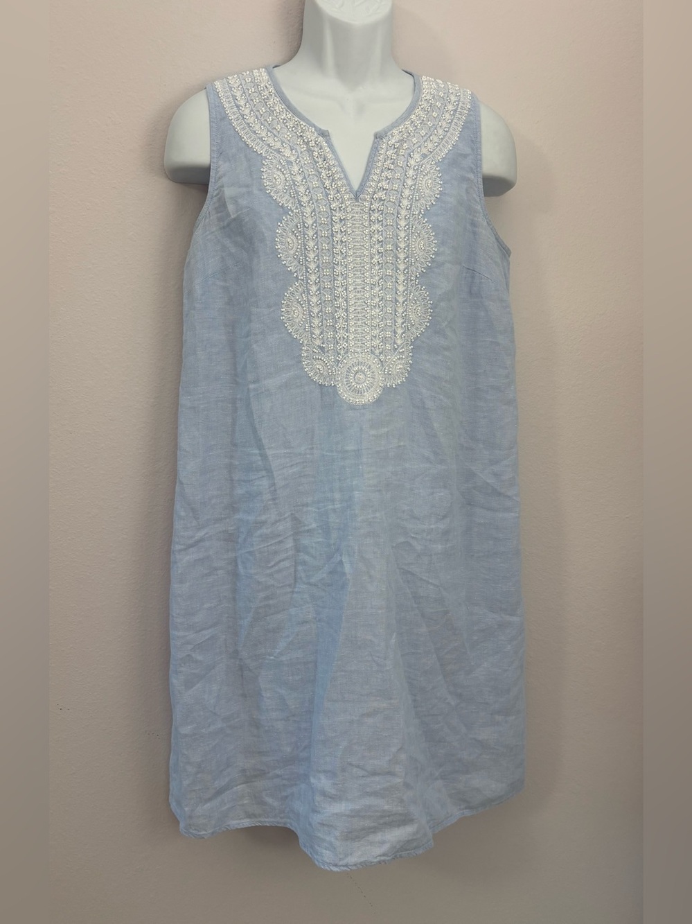 J JILL Light Blue Linen Sleeveless Dress with Cream Colored Beaded Detail Size L